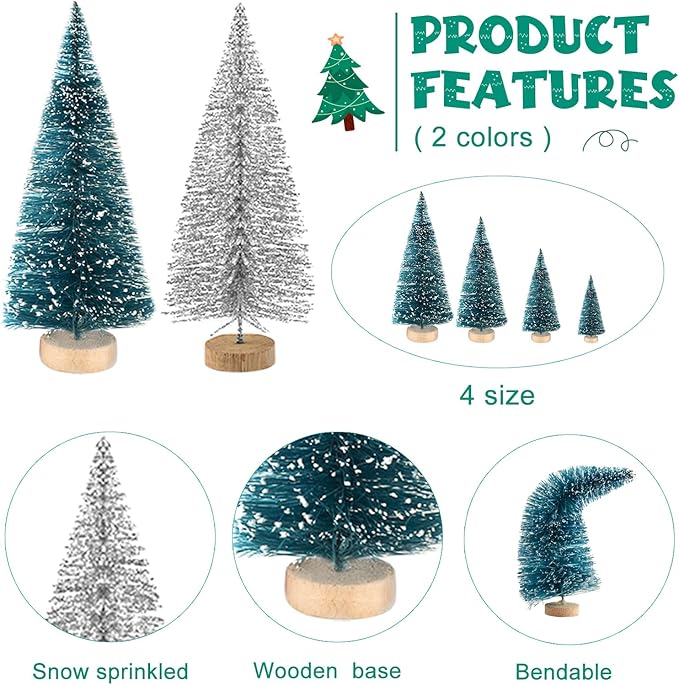 BOUBONI Mini Christmas Tree 35PCS Christmas Village Sets with Crafts Reindeer Snowmen Benches Street Lamp for Xmas Decorations Indoor Party Home Table Craft (Dark Green, Silver)