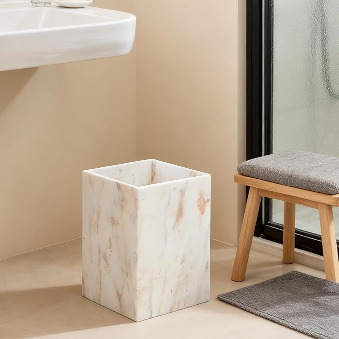 Elegant White Gold Marble Wastebasket Trash Can, 7" X 7" X 9" Rectangular Trash Can with Natural Veining, Marble Basket for Bathroom, Bedroom, Powder Room