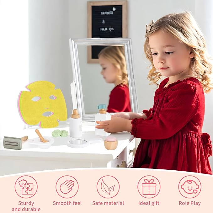 OEUVI Wooden Makeup Toy Set,Pretend Beauty Play Toys,Skin Care Learning Preschool Toys for Toddler, Salon Toys Beauty Fake Makeup Kit with Facial Mask for Girls 3 4 5 6 7+ Year Old Girls.