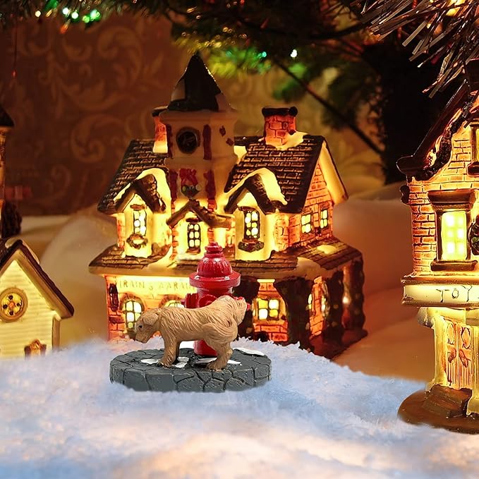 Christmas Village Accessories Santa's Dog with Fire Hydrant - Cute Puppy Sets Statue Resin Christmas Village Sets Ornaments for Snow Holiday Decoration