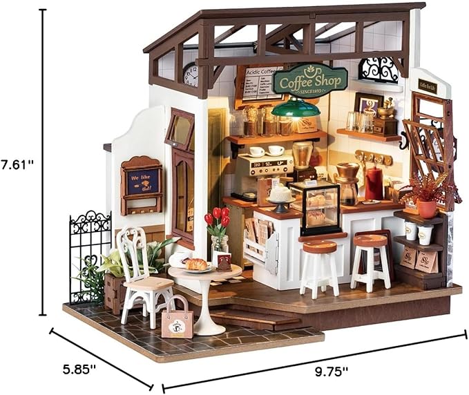 Rowood Coffee Miniature House Kit, DIY Miniature Dollhouse Kits Gifts for Adults to Build, Mayberry Street Miniatures, Wooden Adults Crafts, Mini Model Kits with LED, Birthday for Adult(NO.17 Cafe)