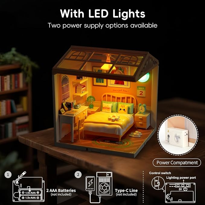 Hallisun LED Building Blocks for Adults, 1:24 DIY Miniature Dollhouse Kits with Roof & Dustproof Cover, Tiny House Toy Building Sets for Kids Ages 8-12-15, Birthday Hobbies Gift for Men Women Boy Girl