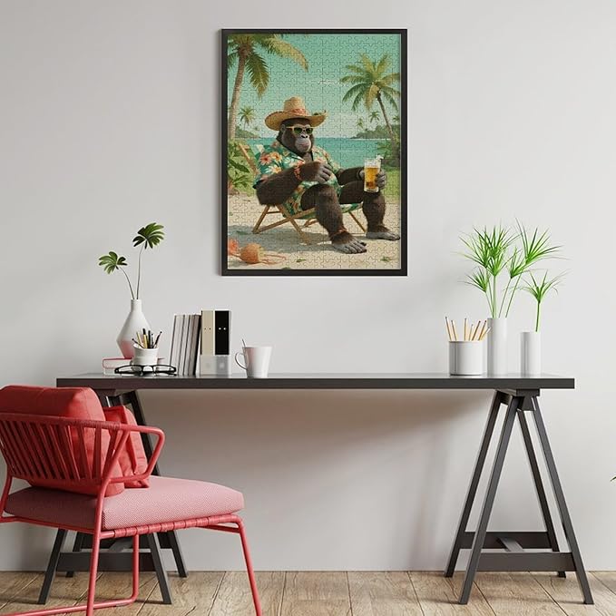 Summer Gorilla – 1000 Piece Creative Wildlife Wooden Jigsaw Puzzle, Playful Summer Gorilla Illustration, Brain Teaser, Family Entertainment