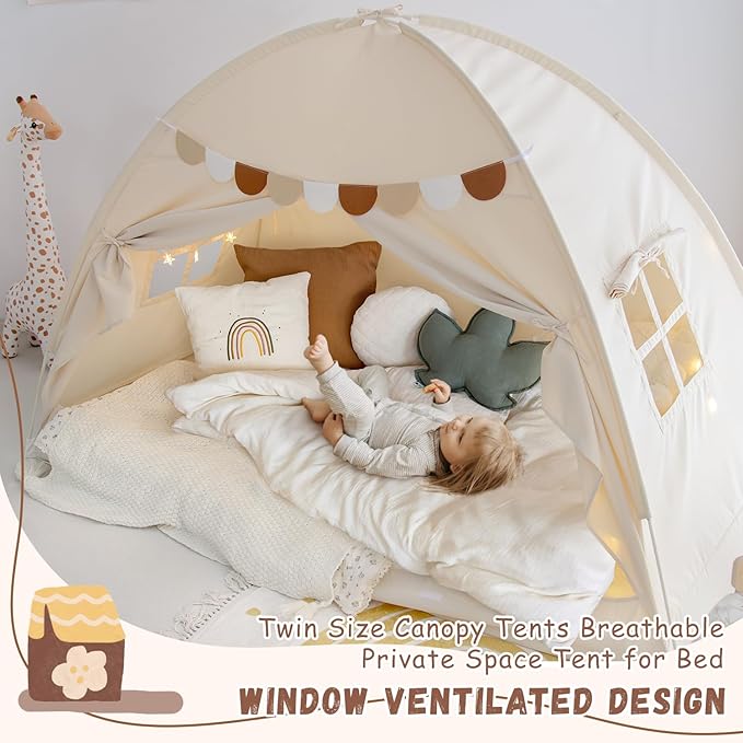Sherilyn Twin Bed Toddler Canopy Bed Kids Tents Indoor Dream Playhouse Tent on Bed Bunk Privacy Space Blackout Sleeping Tents Portable Drafty Room Floor Bed Tents for Boys Girl Birthday, House Gift