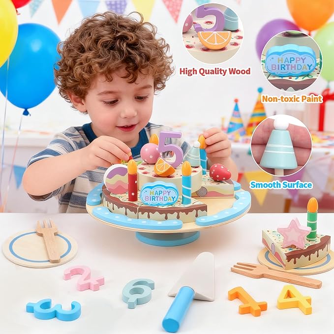 HAPGFS Wooden Birthday Cake Toy Set for Kids, Realistic Birthday Cake with Candles and Fruits for Pretend Play, Wooden Toys Educational Play Food for Birthday Parties and First Birthday Gifts for Kids