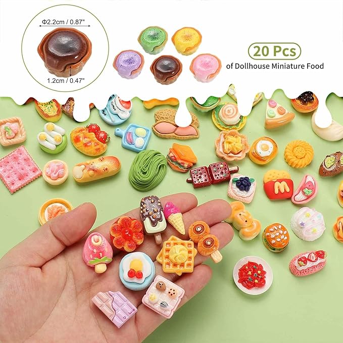 Dollhouse Miniature Food, Cute Mixed Molten Dessert Figures Toys Mini Resin Foods Trinkets for Pretend Play Kitchen Cooking Game & Doll House Decor (Mixing Colors, 20pcs)