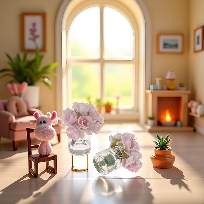 2 Pcs Dollhouse Miniature Flowers Dollhouse Mini Vase with Flower Dolls House Flower Glass Vase 1:12 Scale Dollhouse Miniature Flower in Vase, Lightweight Dollhouse Decor