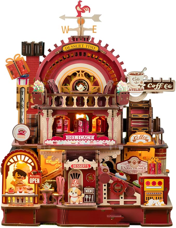 DIY 3D Wooden Puzzles for Adults,Dessert Atelier Electrically Powered – Movable Dessert & Coffee Lines Dollhouse Kit with LED Arts and Crafts for Home Decor Creative Gift for Boys Girls