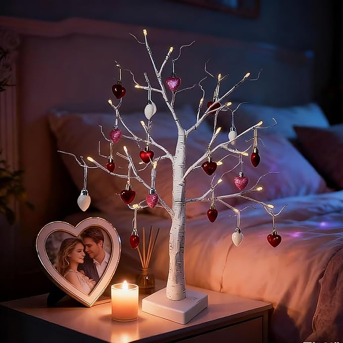 HipTree 2-Pack Lighted Valentines Day Easter Spring Christmas Tree Decorations Indoor, 2ft Birch Tree with LED Lights, Small Tabletop Patriotic Tree with Lights, Warm White Battery- Powered