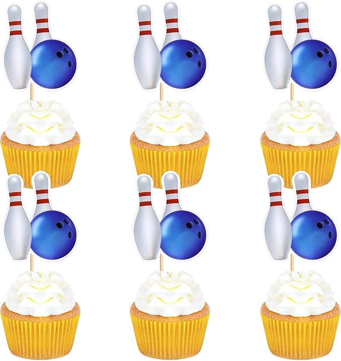 Ercadio 24 Pack Double Sided Bowling Cupcake Toppers Sports Bowling Cupcake Picks Bowling Birthday Cake Decorations Baby Shower Bowling Sports Theme Party Cake Decorations