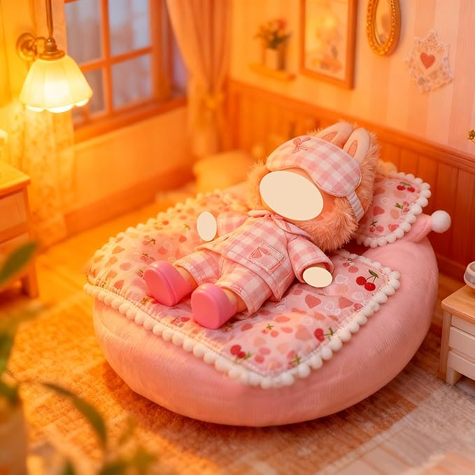 Girl's Doll Bedding & Pajama Set, 7-Piece Plush Doll Bed with Cherry Print Comforter Pillow and Bow Pajamas with Eye Mask Accessories for 17cm Dolls