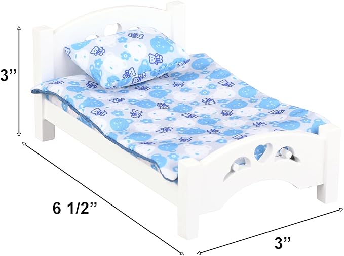 Dollhouse Furniture mini Kid’s Bed Set, Realistic Bedroom Accessories for 6 inch Dolls, Blue Bedding, White Wood, 1/12 Scale