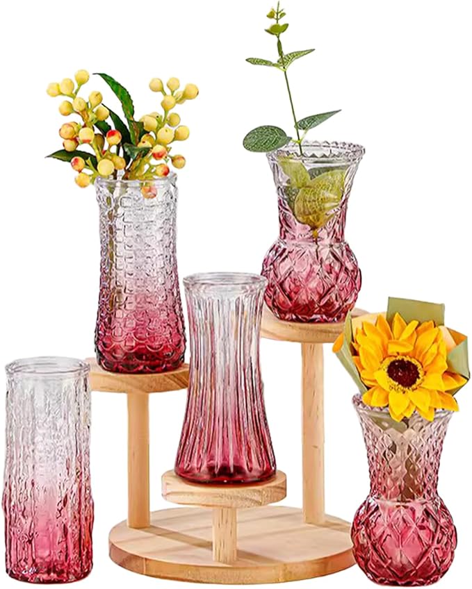 Glass Bud Vase Set of 5: Eylkoi Pink Vases for Centerpieces Decorative, Vintage Embossed in Bulk Crystal Textured Cute, Wedding Decor Mini Flower Floral Vase for Rustic Wedding, Home Table, Party