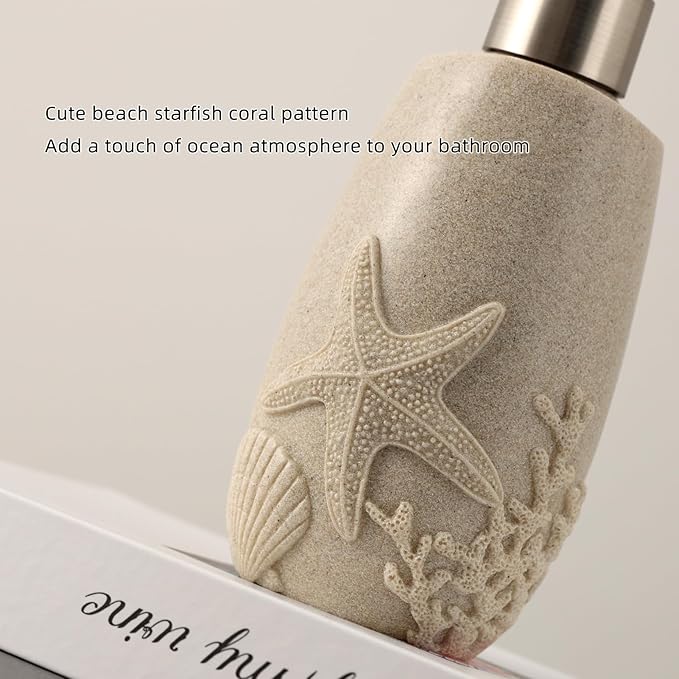 Haocoott Bathroom Accessories Set, 4 PCS Bathroom Accessory Sets with Soap Dispenser, Toothbrush Holder, Tumbler, Soap Dish, Bathroom Countertop Organizer, Sea Bathroom Decor (Beige)