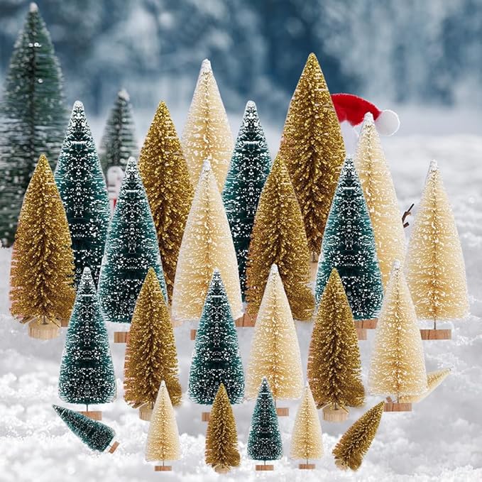 Yahpetes Christmas Tree 24 Pcs Artificial Christmas Trees Miniature Pine Trees 4 Sizes Sisal Trees with Wood Base Bottle Brush Trees for Crafting Displaying Decoration(Blue-Green,White,Gold, 24Pcs)