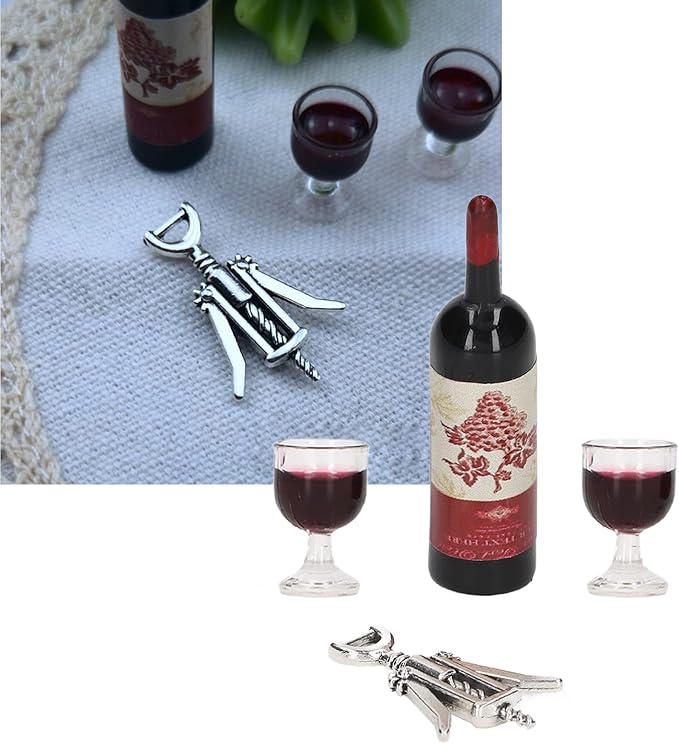 Fayelume Mini Wine Bottles Set, 1:12 Scale Doll House Accessories, Miniature Doll Bottles with Bottle Opener, for Dollhouse Fairy Garden Pub Bar Dolls House