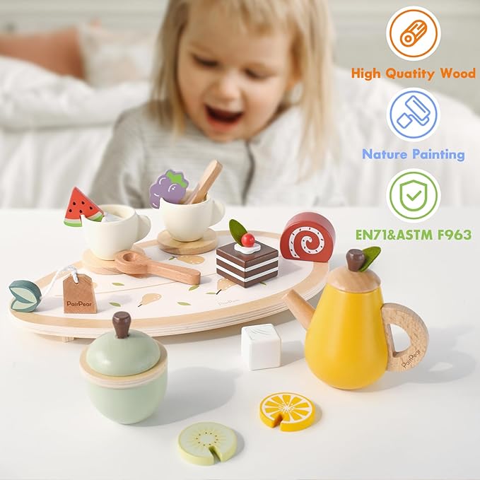PairPear Wooden Tea Party Set for Little Girls, Kids Tea Sets for Toddler 3-5, 20pcs Pretend Play Fruit Tea Playset Kitchen Accessories Wooden Toys Food for Christmas Birthday