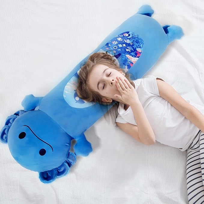22” Long Axolotl Plush Body Pillow, Cute Blue Ocean Axolotl Stuffed Animals, Salamander Squishy Soft Plushies Toy, Gifts for Kids Girls and Boys, Birthdays, Halloween, Christmas ﻿