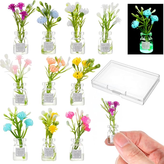 10 Pcs Dollhouse Miniatures Flowers Plants, 1:12 Tiny Small Glow in The Dark Glass Vase Flowers Plant House Decor, Faux Flower Model Miniature Dollhouse Accessories for Tiny Houses
