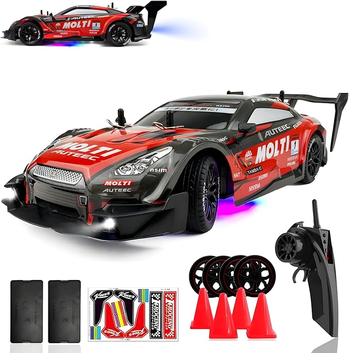 1:16 RC Drift Car 2.4GHz Spray 4WD LED Lights 30+KM/H High Speed Remote Control Car 2 Batteries 60Min Infinitely Variable Speed Drift Car Toys for Adults and Kids(Red)