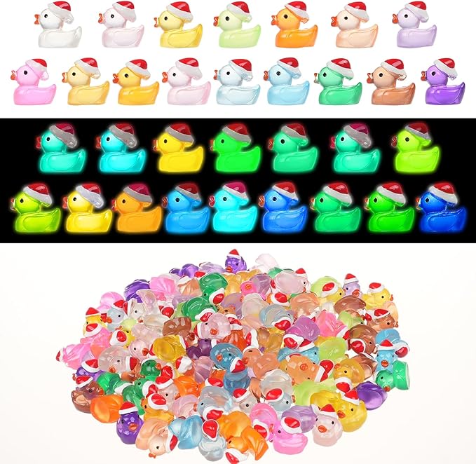 160 Pcs Mini Christmas Resin Ducks Luminous Tiny Ducks Little Glow in The Dark Plastic Ducks for Micro Landscape Garden Aquarium Décor Dollhouse Accessories DIY Craft Slime Making Xmas Decoration