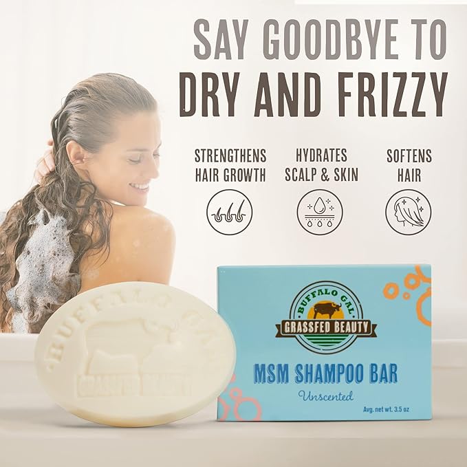 BUFFALO GAL MSM + Tallow Shampoo Bar – Hair Growth Solid Shampoo for Soft, Healthy Hair – pH Balanced, Sulfate-Free, Silicone-Free, Plastic-Free – Unscented
