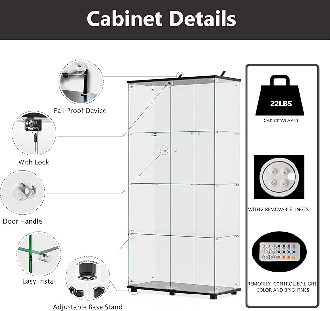 Glass Display Cabinet with Lights and Lock, 4-Tier Display Case Curio Cabinet with Glass Door, Floor Standing Showcase for Living Room Bedroom Home Office 31" W x 14.3" D x 64.5" H