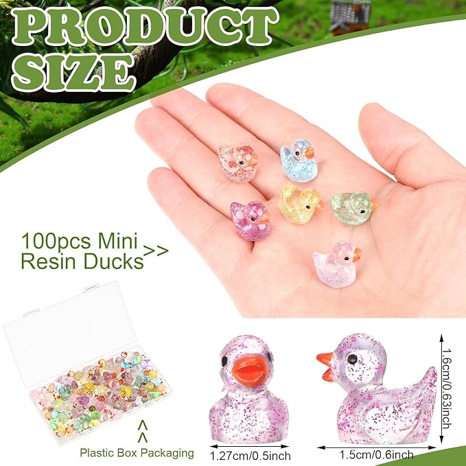 100pcs Mini Resin Ducks,40pcs Luminous Mini Ducks and 60pcs Mini Glitter Duck,Crafts Decorations for Dollhouse,Fairy House Garden,Micro Landscaping