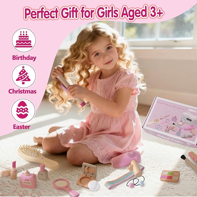 SMARTWO Wooden Makeup Toy Set for Toddler,Kids Pretend Play,Children Role Play Toys,Fake Cosmetics Salon Toys,Princess Dressup Accessories with Bag Birthday Gift for Girls 3 4 5 6