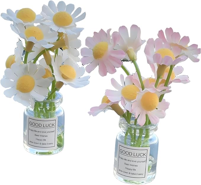 2Pcs Miniature Flower Vases with White & Pink Daisies – Realistic Handmade Dollhouse Accessories for 1:6/1:8 Scale, Fairy Garden Props, DIY Craft Elements, Cupcake Decor,Micro Landscape Embellishments