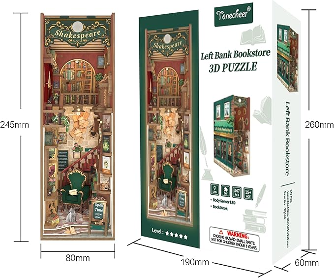 Tonecheer DIY Book Nook Kit for Adults, 3D Wooden Puzzle Bookend Bookshelf Insert Library Bookstore Model Decor, Booknook Miniature Dollhouse with Sensor LED Light for Gifts (Left Bank Bookstore)