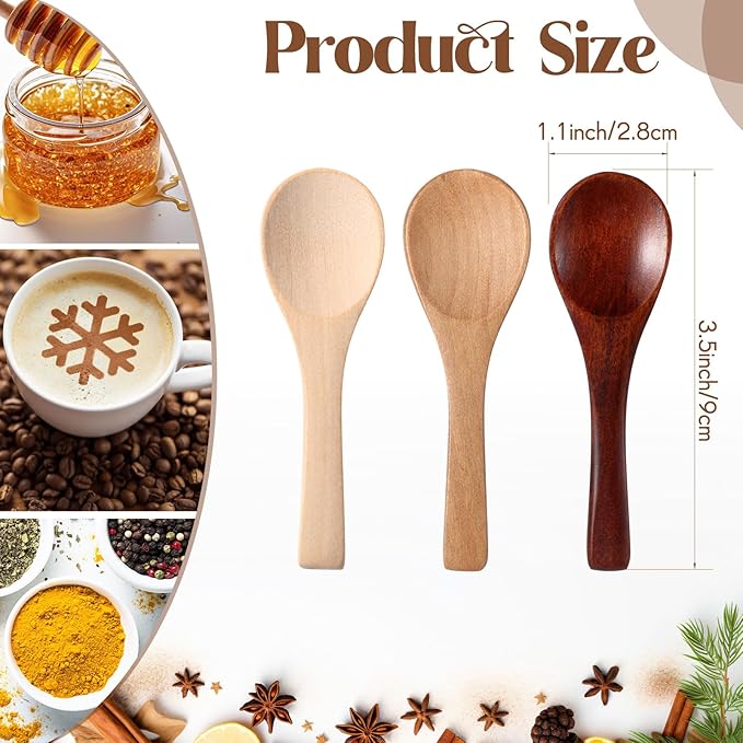 Boao 100 Pcs Small Wooden Spoons, 3.5'' L, Mini Wood Natural Tiny Spoons Wooden Little Teaspoons for Jars Sugar Creamer Honey Spices Salt Kitchen Supplies (Multiple Color)