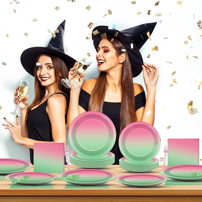 96Pcs Witch Birthday Party Decorations Gradient Pink and Green Tableware Witch Theme Paper Plates Napkins Forks Movie Dinnerware Party Supplies for Women Girls Birthday Baby Shower Serves 24 Guests