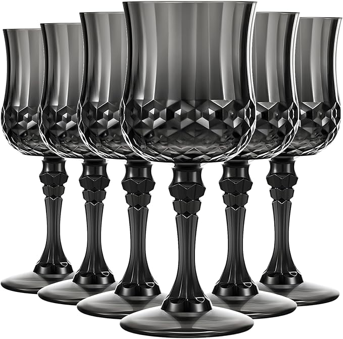 Pinkunn 6 Pcs 7 oz Plastic Vintage Wine Glasses Reusable Colored Goblets Patterned Drinking Water Glasses Cup Dishwasher Safe for Valentine's Day Wedding Reception Party Supplies (Black)