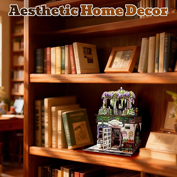 3D Wooden Puzzles Book Nook Kits for Adults Miniature House Building Kits, DIY Tiny Wooden Crafts Model Bookshelf Decor with LED Lights, Gifts for Family, Friends, Christmas(Flower Shop)