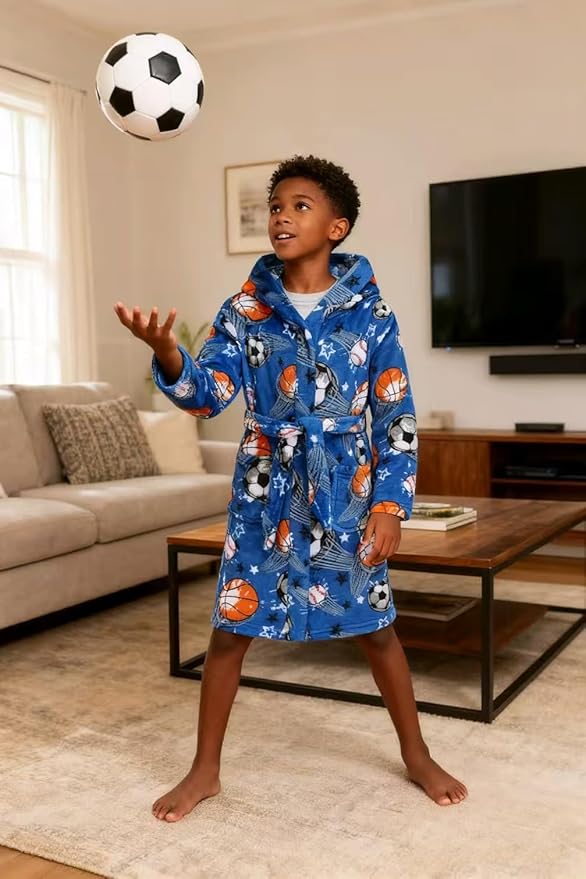 Boys Fleece Robe Hooded Toddler Soft Bathrobe Pajamas Sleepwear for Kids Girls 2-16 Years