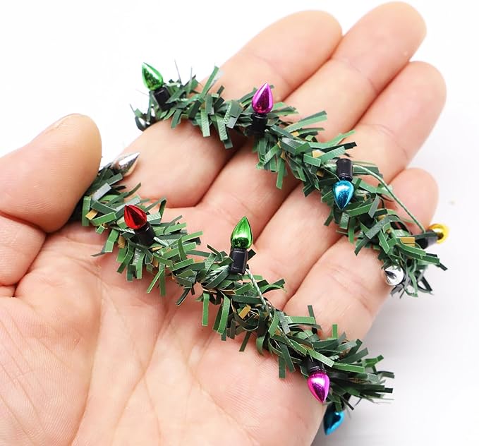 Miniature Christmas Garland, Christmas Lights, Miniature Christmas Tree Lights, Artificial Pine Wired Roping with Metallic Bulbs for Dollhouse, Fairy Garden, 11.8 inches Long (2PCS)