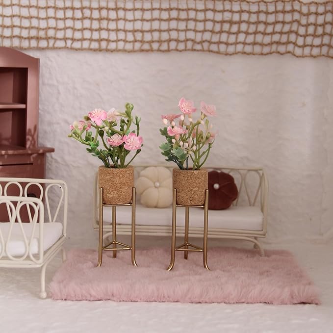 Funky Mini House Miniature Dollhouse Plant Pot Stand & Fake Flower Pot Bundle (2 Packs) – 1:12 Scale Tiny Home Decor, Ideal Gift for Collectors (Gold)