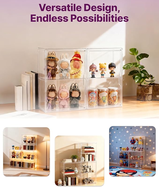 2-Tier Display Case for Labubu, Wall Mounted 14.17in Clear Acrylic Box with Shelf, Display Cabinet for Big into Energy, Exciting Macaron, Have a Seat, Coca-Cola Figures, Dustproof Showcase Organizer
