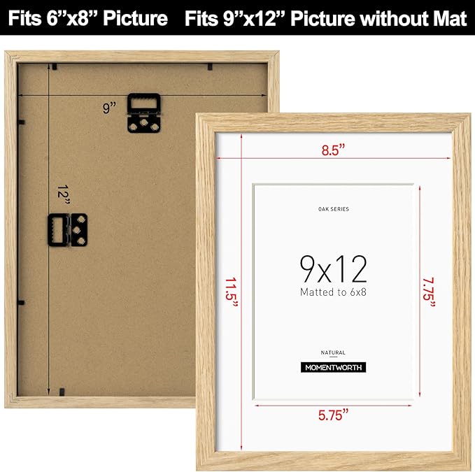 Momentworth 9x12 Frame with Mat for 6x8, Solid Oak Wood 9x12 Picture Frame with Tempered Glass for Wall Mount(Single,Oak)