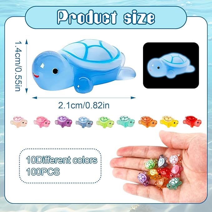100PCS Mini Resin Turtles, Small Colorful Turtle Figurines Bulk Set, Tiny Resin Animals for Ocean Theme Party Decor, DIY Crafts, Cake Toppers, Fairy Garden Accessories (10 Vibrant Colors)
