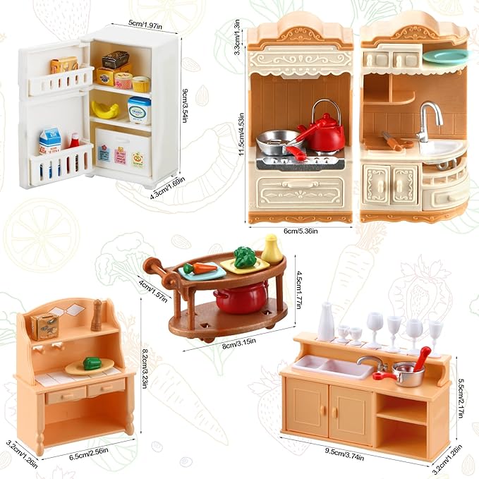 43 Pcs Dollhouse Furniture Kitchen Play Set Miniature Refrigerator with Mini Food Pots and Pans Set Pretend Kitchen Accessories Toys