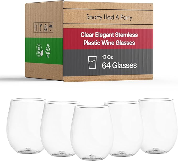 Smarty Had A Party 64 Piece Clear Disposable Stemless Wine Glasses – 12 oz Clear Plastic Cups – Nice Disposable Cups, Plastic Spritz Glasses for Weddings, Birthdays, Parties & All Events