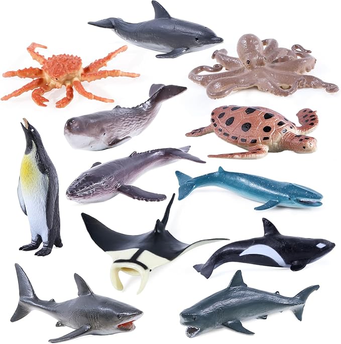 12Pack Sea Animal Figures Cake Topper, Assorted Ocean Creature Realistic Shark Whale Octopus Turtle Crab Manta Penguin Figurine for Kids Education Birthday Decorations Party Favors