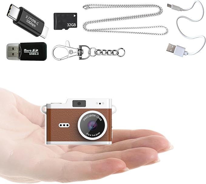 SUMUYO Mini Keychain Camera,1080P Tiny Digital Camera,Pocket Video Recorder with 32GB Card,Fun Funny Gifts for Kids & Adults Stocking Stuffers for Travel,Birthdays Gadgets (Brown)