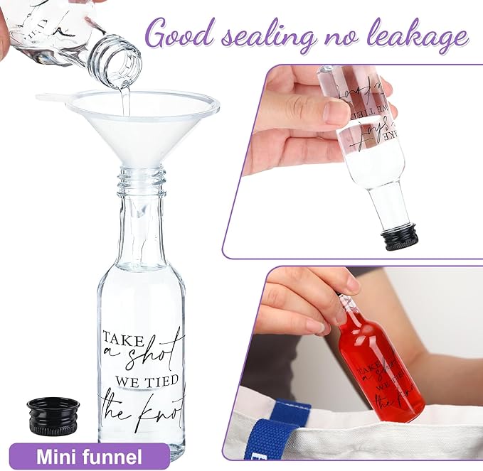 Bokon 100 Pcs Mini Wedding Liquor Bottles Take a Shot We Tied The Knot Shot Glasses for Guests 1.7 Fl Oz/ 50 ml Plastic Reusable Empty Bottle with Cap Funnel Acrylic Mini Glasses for Bridal (Black)