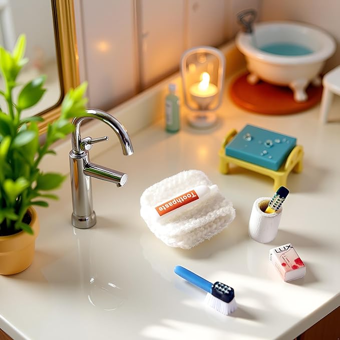 6Pcs/Set Dollhouse Miniature, Washing Supplies Miniature Creative Simulation, Plastic Dollhouse Toothpaste Toothbrush Model for Entertainment Dollhouse Accessories