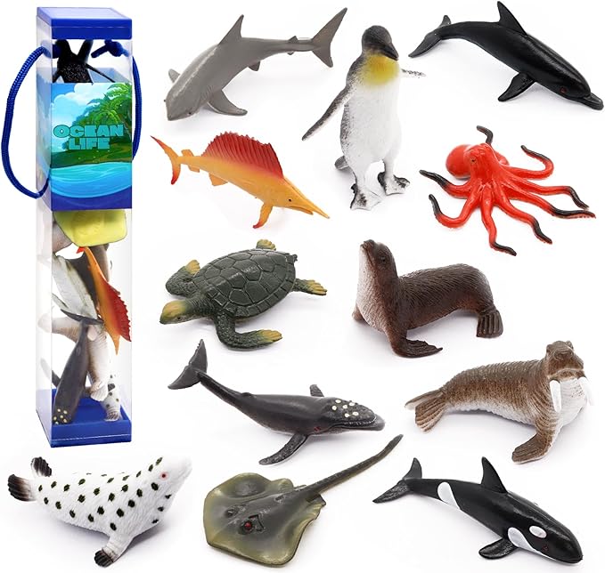12 pcs Animal Sea Figures Ocean Toy for Kids: Sharks, Whales & Octopus-Sea Animal Toys Set,Gifts for Kids & Toddlers-Ages 3 Christmas