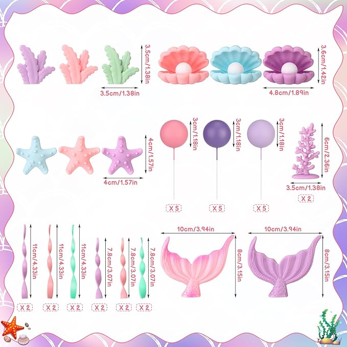 40 Pcs Mermaid Cake Topper - Mermaid Tail Cake Decorations with Seaweed Shells Starfish Coralal Under the Sea Cake Decorations for Birthday Party Decorations