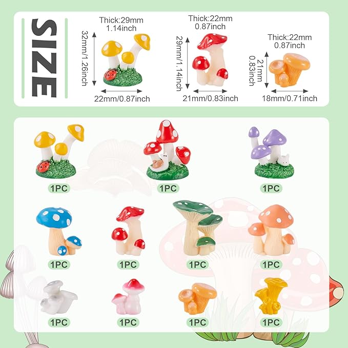 11 Pcs Mini Mushrooms Figurines Tiny Miniature Mushroom Charm Colorful Resin Mushrooms Landscape for Fairy Garden Fish Tank Plant DIY Cake Topper Office Desk Home Party Decor